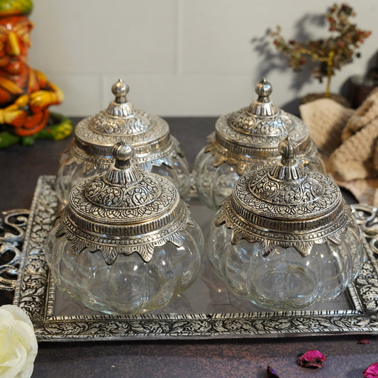 FOUR PUMPKIN SHAPED JAR WITH RECTANGULAR TRAY