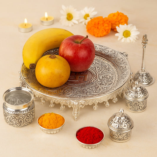 pooja thali with elephant side legs and ghungroo with kalash two kumkum box and one bell