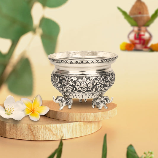 FINE CARVED BOWL WITH 3  ELEPHANT LEGS STAND