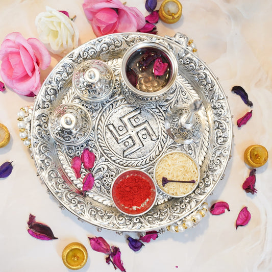 pooja thali with elephant side legs and ghungroo with kalash two kumkum box and one bell