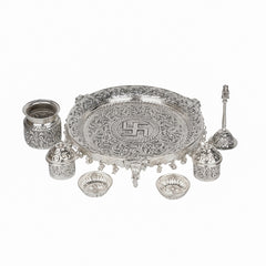 POOJA THALI WITH ELEPHANT SIDE LEGS AND GHUNGROO WITH KALASH TWO KUMKUM BOX AND ONE BELL