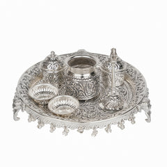 POOJA THALI WITH ELEPHANT SIDE LEGS AND GHUNGROO WITH KALASH TWO KUMKUM BOX AND ONE BELL