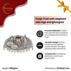 POOJA THALI WITH ELEPHANT SIDE LEGS AND GHUNGROO WITH KALASH TWO KUMKUM BOX AND ONE BELL