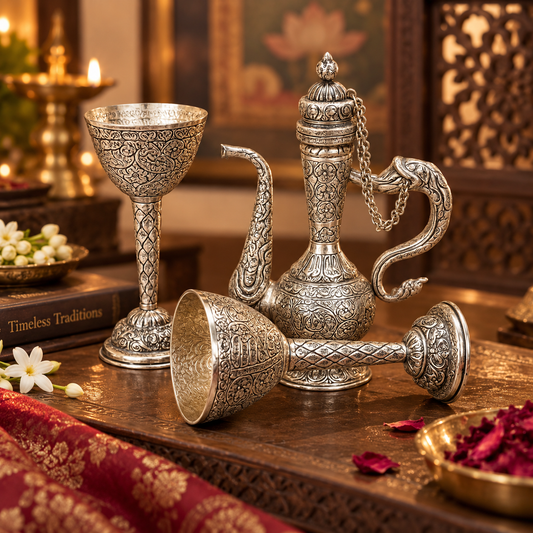 An ornate silver-toned metal tea set with intricate engraved patterns, including a tall pitcher, a goblet, and a small bowl, arranged on a wooden table in a warm, traditional setting.