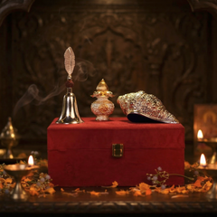 Red box with decorative items on a dark background