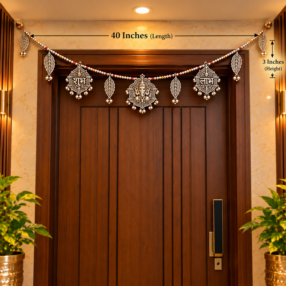 A decorative garland with ornate silver Ganesha ornaments and red-and-white beads draped across a dark brown wooden door. Measurement text at the top indicates 40 inches length, and height text on the right says 3 inches.