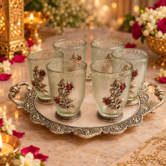 Gulzar Floral Glass Set with Silver Tray | Set of 6