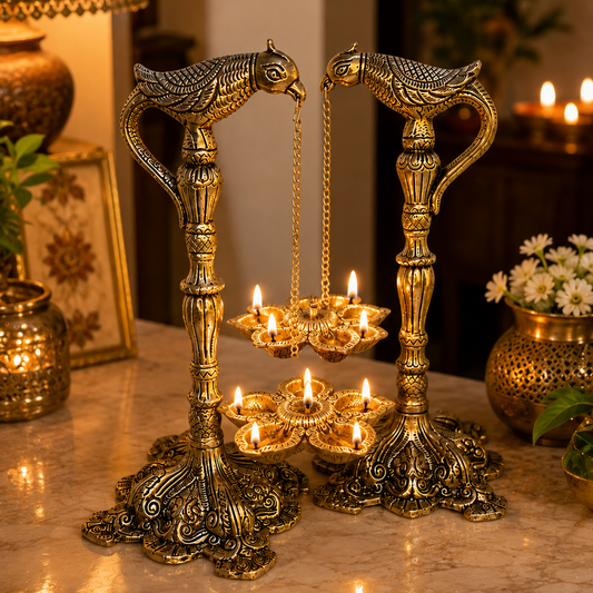 Madhuban Deepmala | German Silver Parrot Diya Stand & Hanging Lamp (Pair)