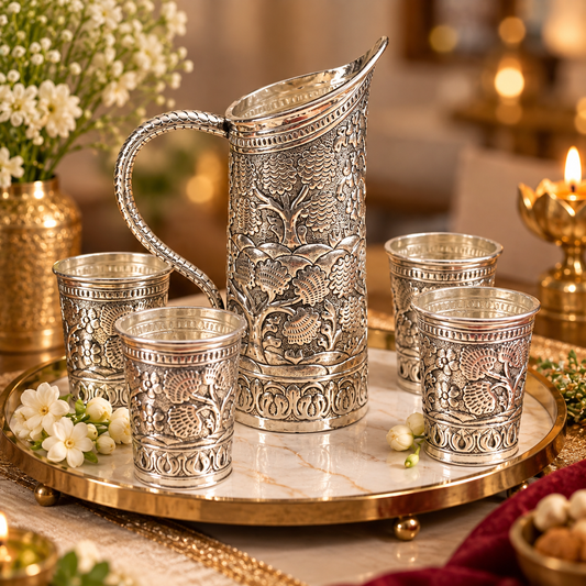 An ornate silver-toned metal pitcher and four matching engraved cups arranged on a round gold tray, with flowers and warm ambient lighting in the background.