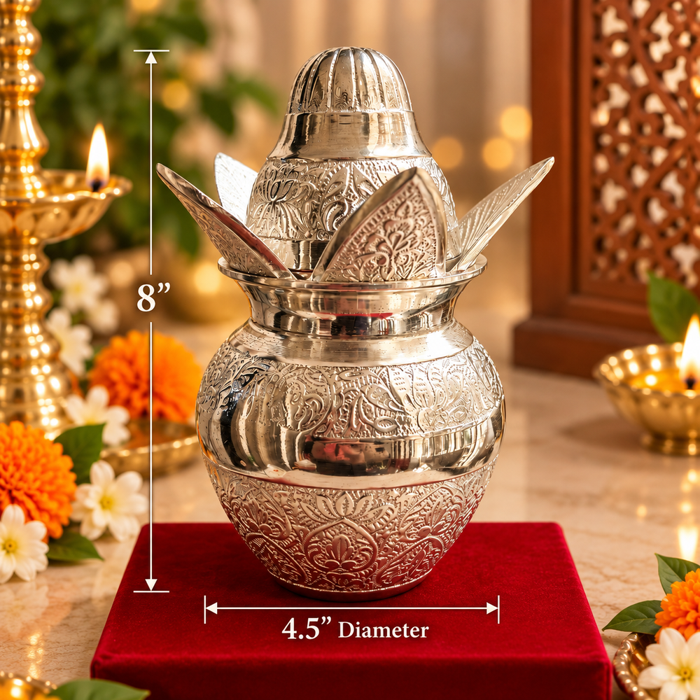 An ornate silver-toned metal pot with embossed floral detailing, shown on a red velvet pedestal with overlaid dimensions reading 8 inches height and 4.5 inches diameter.