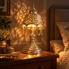 An ornate brass table lamp with intricate filigree detailing and hanging bead chains, glowing warmly on a wooden bedside table in a bedroom setting.