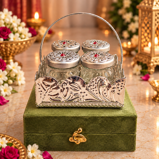 Peacock Silver Mukhwas Jar Set of 4 with Gift Box