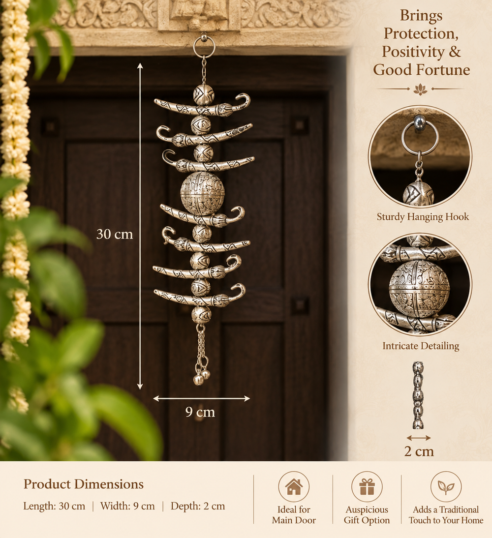 Silver-toned metal Chinese wind chime hanging ornament with intricate filigree details, shown in front of a dark wooden door with overlaid dimension markers (30 cm length, 9 cm width, 2 cm depth) and feature callouts on a beige background.