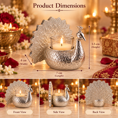 Product dimensions diagram for a silver peacock-shaped candle holder, showing front, side, and back views with measurements labeled 7 cm length, 4 cm width, and 5.5 cm height, set against a warm lit background with flowers and candles.