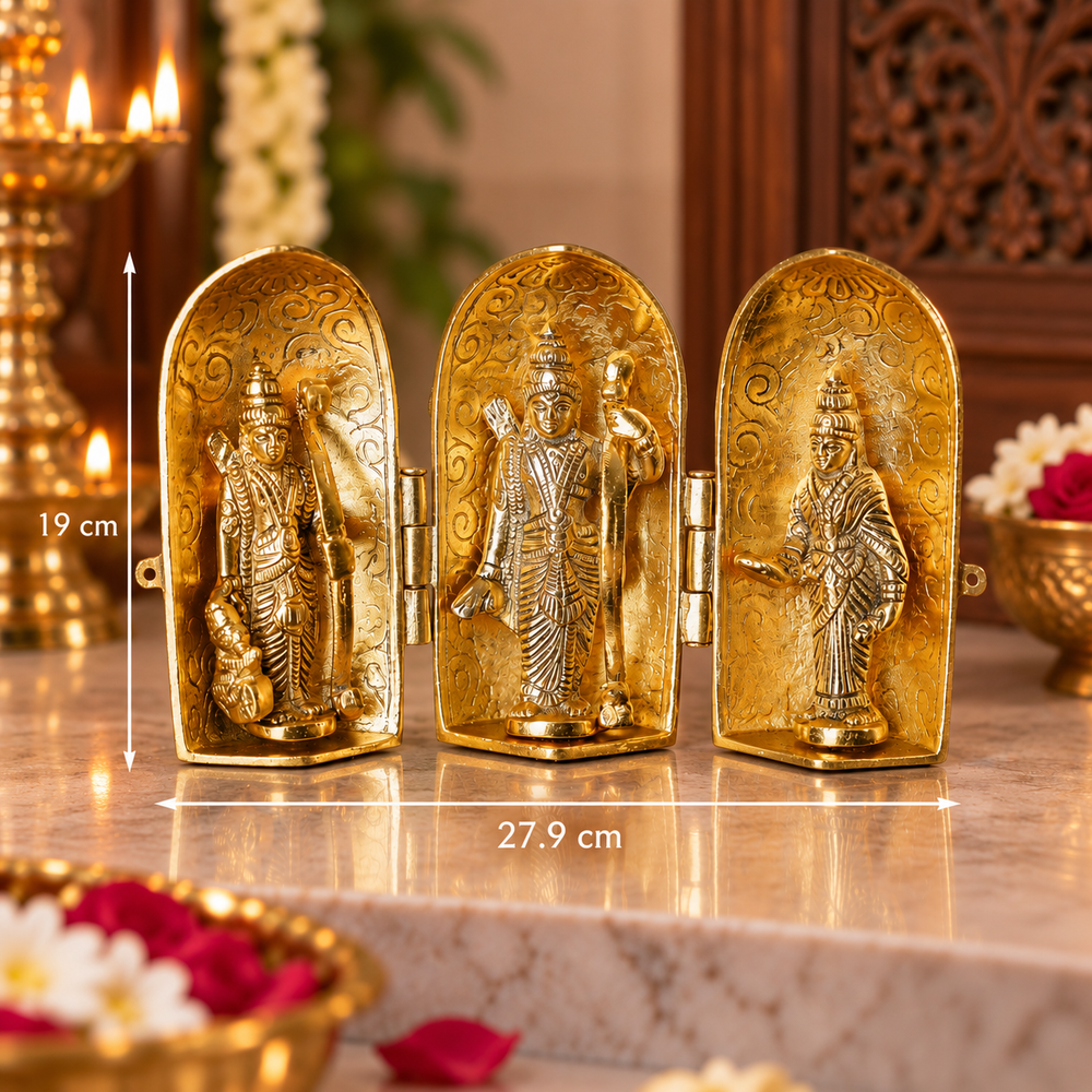 Three gold-colored metal idol boxes with arched panels, shown open on a marble surface with dimension markings indicating 19 cm height and 27.9 cm width.