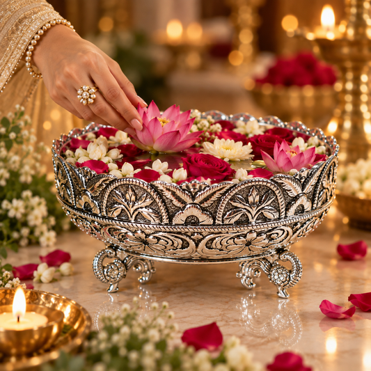 An ornate silver-toned metal bowl with carved floral detailing and small feet, filled with pink and white flowers, on a marble surface with warm candlelight and a hand placing a pink lotus flower into it.