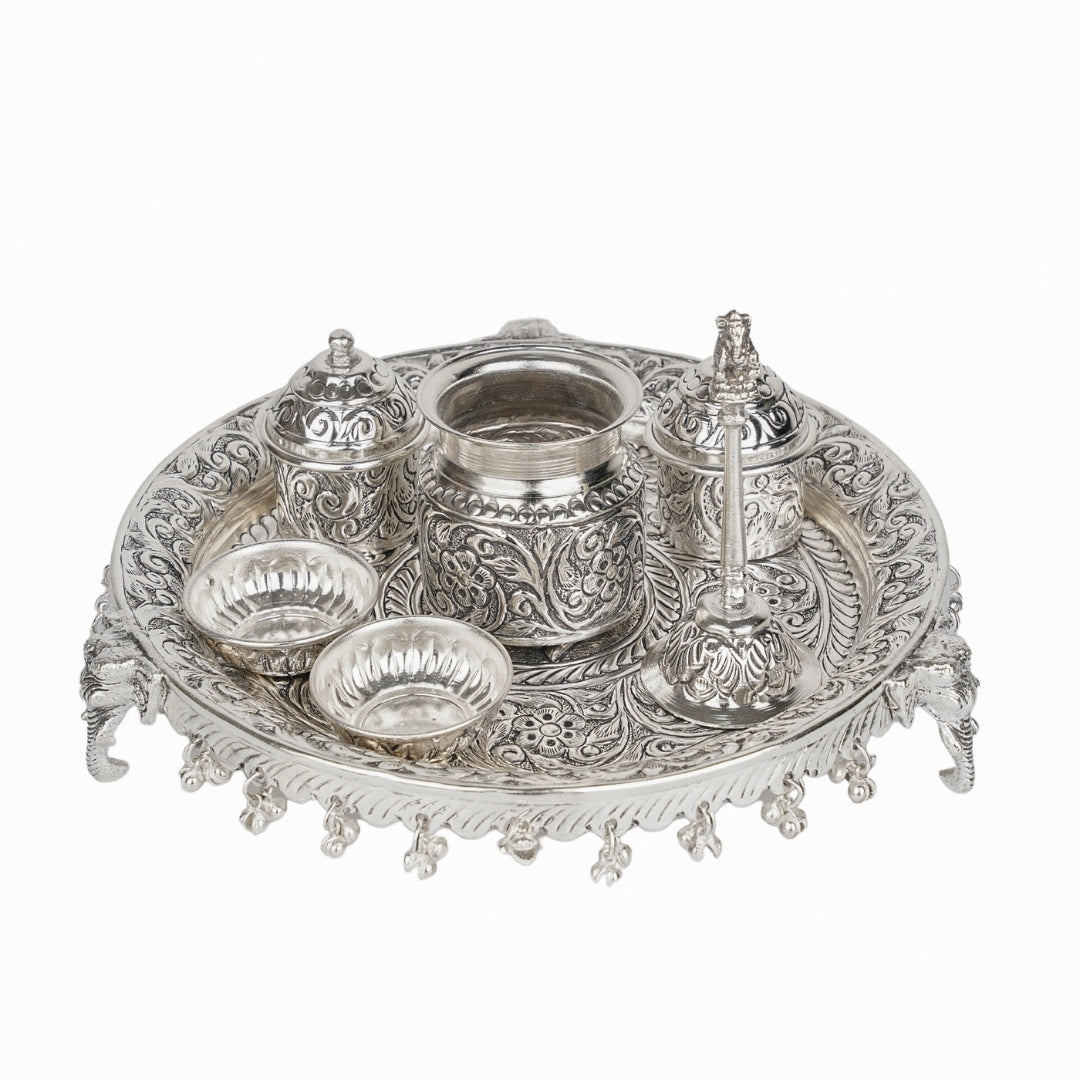 pooja thali with elephant side legs and ghungroo with kalash two kumkum box and one bell