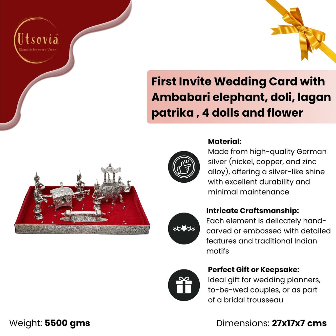 FIRST INVITE WEDDING CARD WITH  AMBABARI ELEPHANT, DOLI, LAGAN  PATRIKA & 4 DOLLS