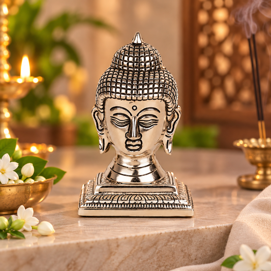 A polished silver-toned Buddha head statue on an ornate pedestal base, displayed on a marble surface with warm ambient lighting, flowers, and incense in the background.