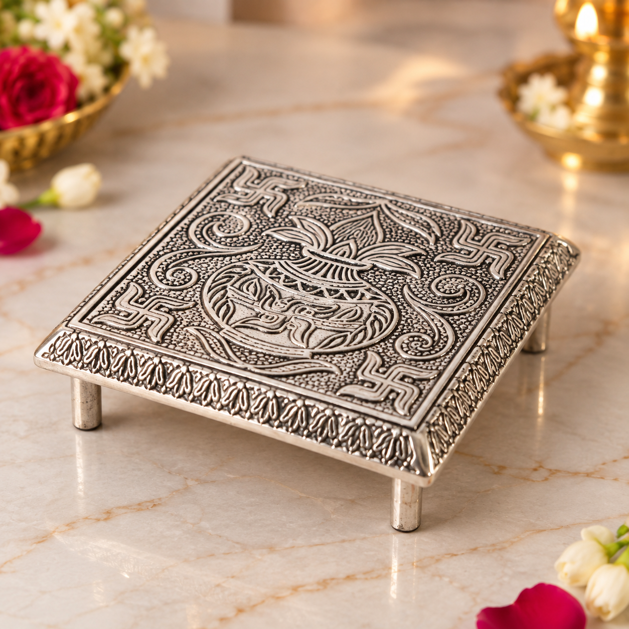 An ornate square silver-toned metal stand with intricate embossed floral and geometric patterns, shown on a polished marble surface with decorative flowers in the background.