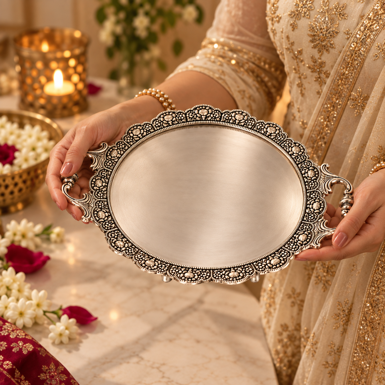 A person in a beige and gold embroidered traditional outfit holds an oval silver tray with ornate filigree borders and decorative handles. The scene is set on a marble tabletop with flowers, a lit candle holder, and warm ambient lighting.