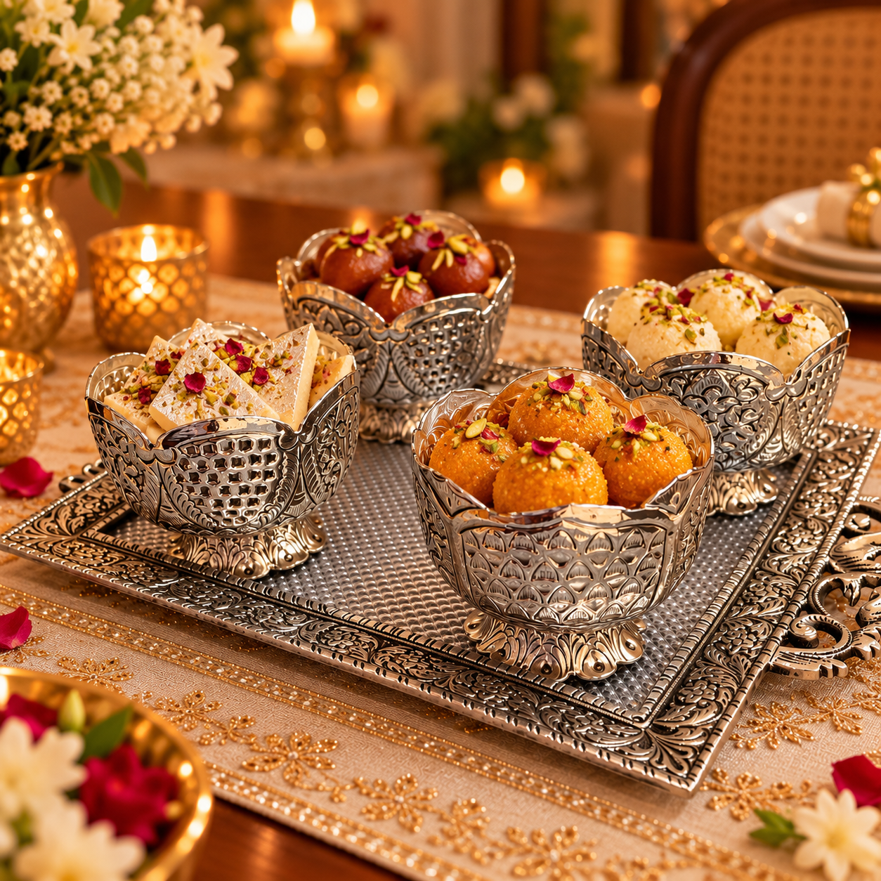 Nakshatra Silver Sweet Bowl Set with Tray