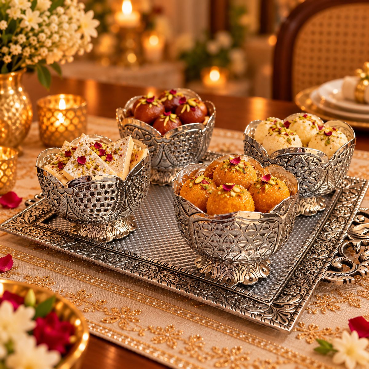 Nakshatra Silver Sweet Bowl Set with Tray