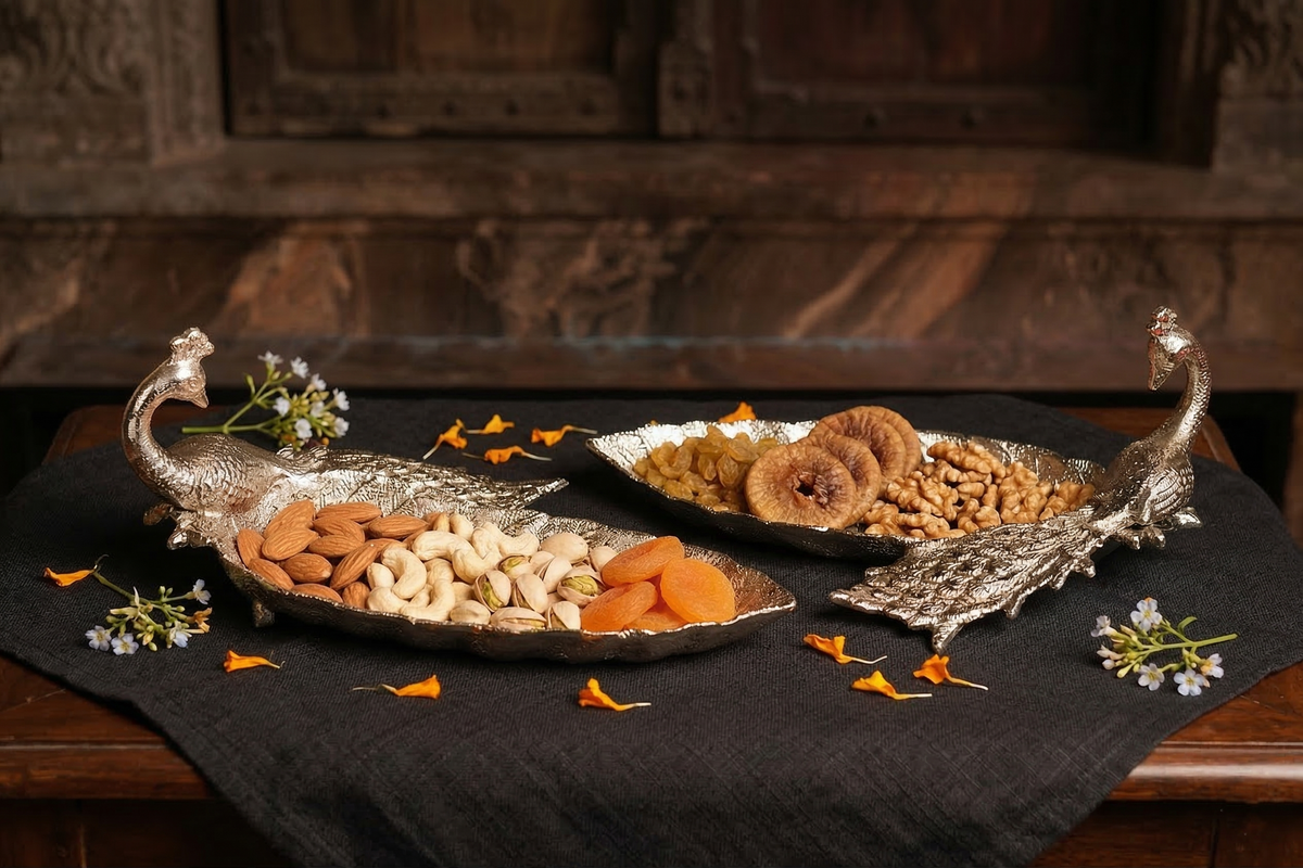 Royal Peacock Silver Dry Fruit Serving Platters (Set of 2)