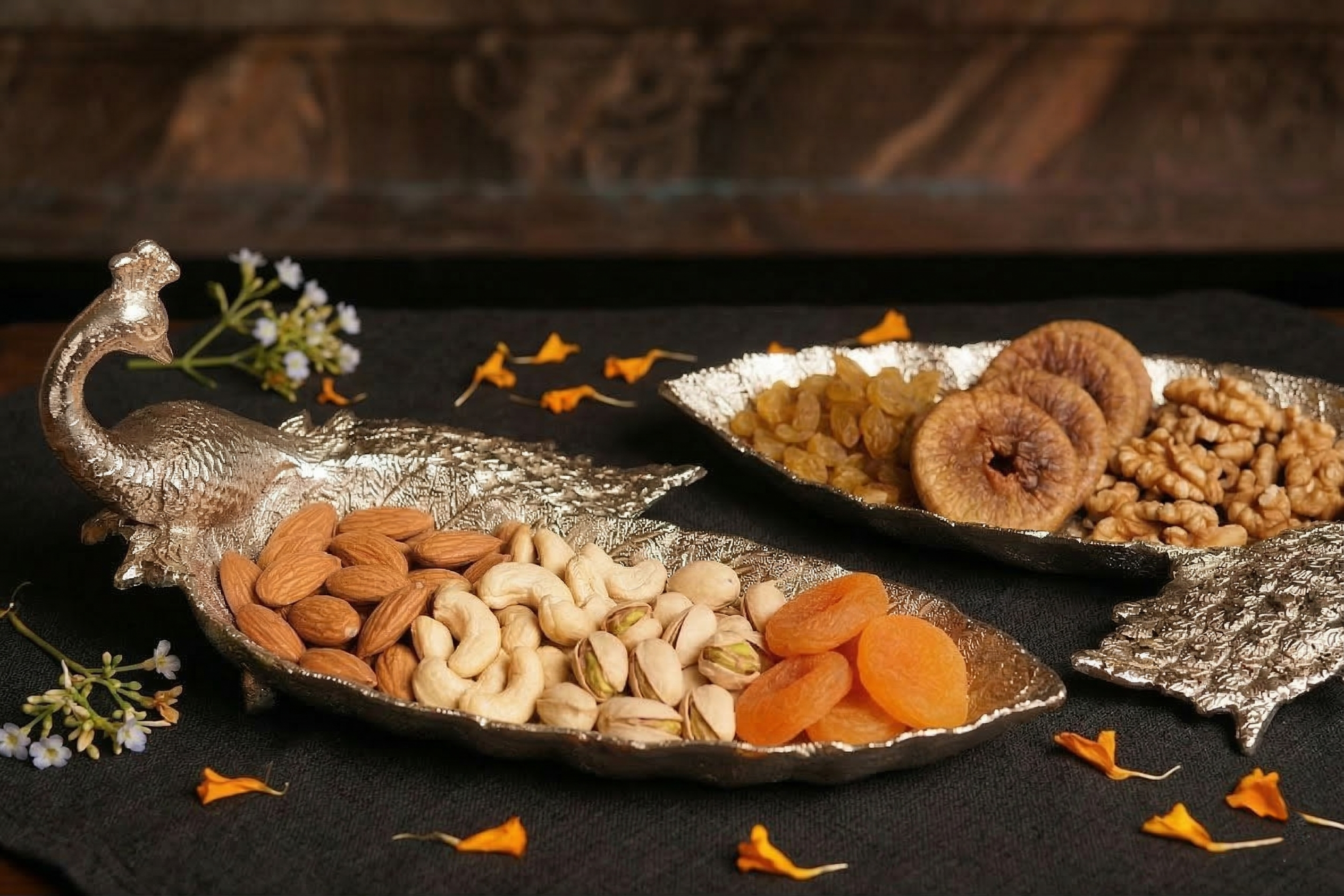Royal Peacock Silver Dry Fruit Serving Platters (Set of 2)