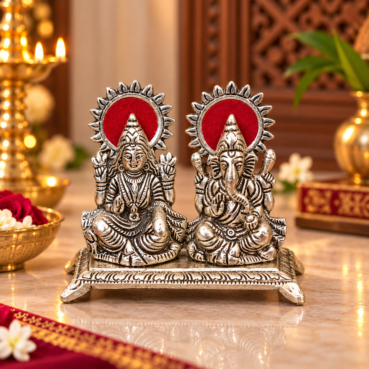 A pair of silver-toned Lord Laxmi and Ganesha idol statues with red circular backdrops, displayed on a polished marble surface with warm decorative background elements.