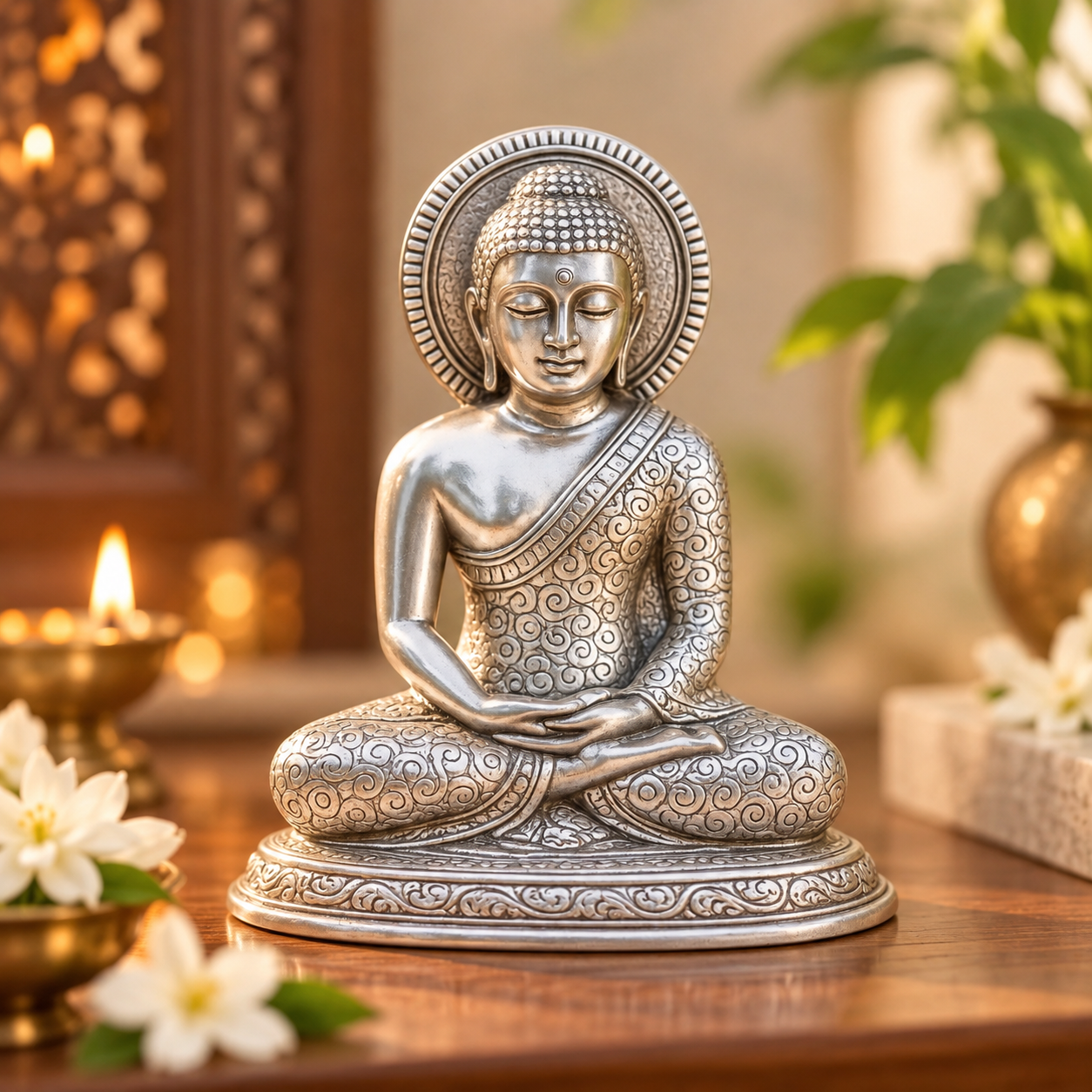 A silver-toned seated Buddha statue with intricate engraved patterns, displayed on a wooden surface in a warm, softly blurred indoor setting with candles, flowers, and greenery.