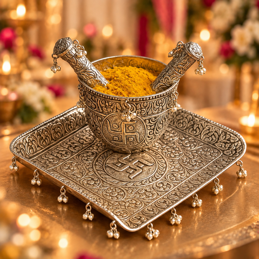 An ornate silver-toned metal cup with two handles, filled with bright yellow powder, sits on a matching engraved tray with dangling bells, photographed in a warm, softly blurred ceremonial setting.