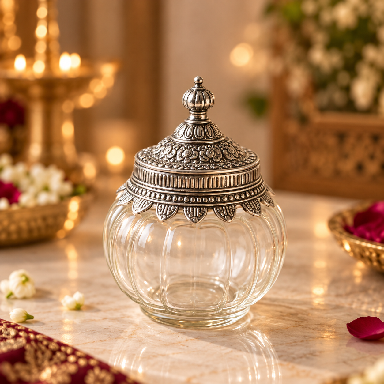 A clear glass jar with a decorative silver-toned metal lid, set on a marble surface with warm, softly blurred background lights and floral decor.