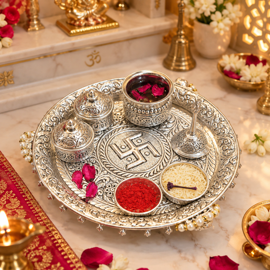 An ornate silver-toned ritual tray set on a white marble surface, featuring carved decorative pieces, small bowls including one filled with red powder and rose petals, and ceremonial accessories. The scene includes warm ambient lighting, floral decor, and traditional styling.