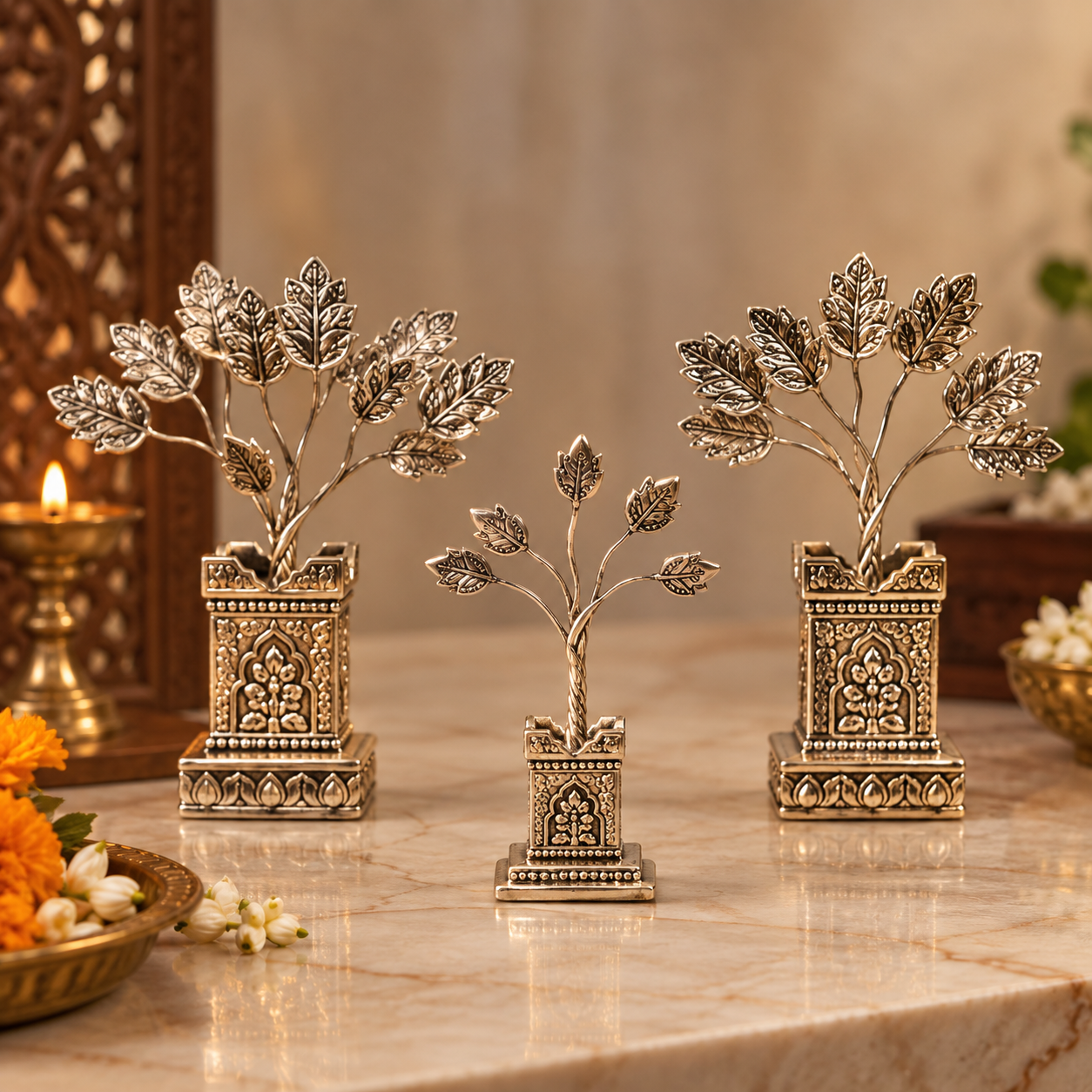 Three ornate silver-toned metal leaf tree figurines displayed on a polished marble surface, with two standing in matching rectangular pedestals and one smaller central tree in a smaller pedestal. The setting includes warm ambient lighting, a blurred decorative background, and floral accents.