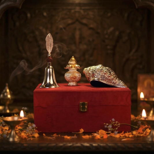 Red box with decorative items on a dark background