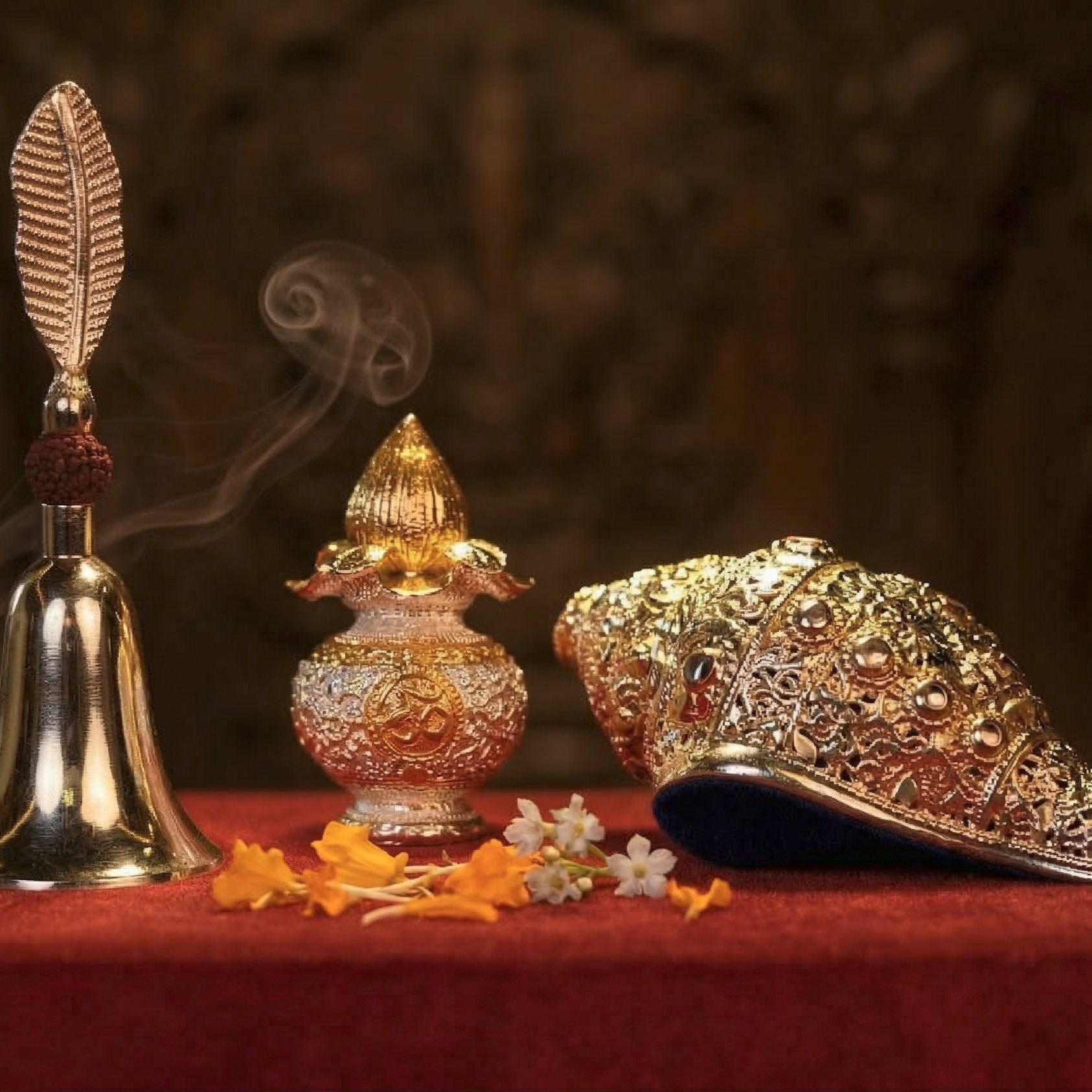 Decorative bell, urn, and conch shell on a red cloth with a dark background