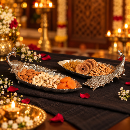 Decorative silver peacock-shaped serving trays holding assorted nuts, dried fruits, and orange slices, arranged on a black cloth in a warmly lit ceremonial setting with candles and flowers.