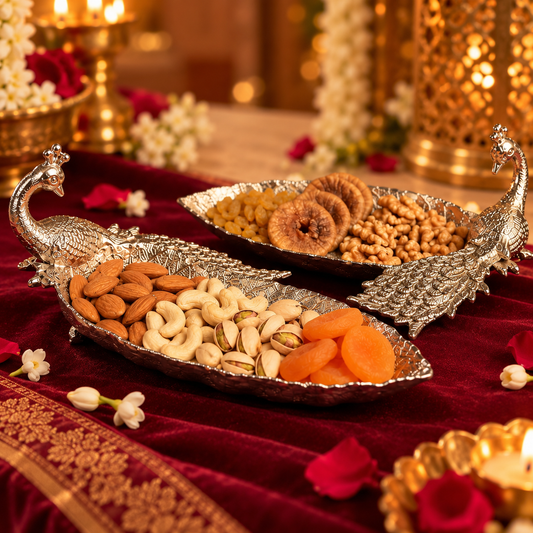 Decorative silver peacock-shaped trays filled with almonds, cashews, pistachios, dried figs, and apricots, arranged on a deep red velvet cloth with flowers and warm ambient lighting.