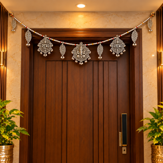 An ornate silver Ganesha door hanging decorated with intricate metal ornaments and hanging text, displayed on a dark wooden door in a warm, decorated home interior.
