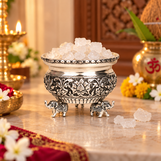 An ornate silver-toned metal incense burner with elephant feet, filled with white crystals, set on a marble surface in a decorated indoor setting with flowers and lit oil lamps.