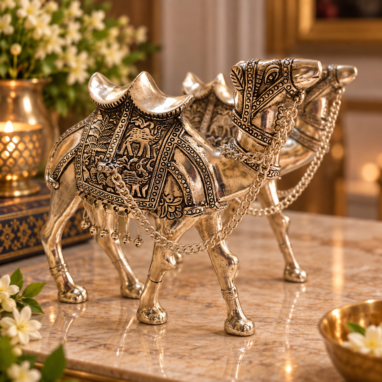An ornate silver-toned camel figurine with detailed engraved patterns and hanging chains, displayed on a polished marble surface in a warm, decorated interior setting.