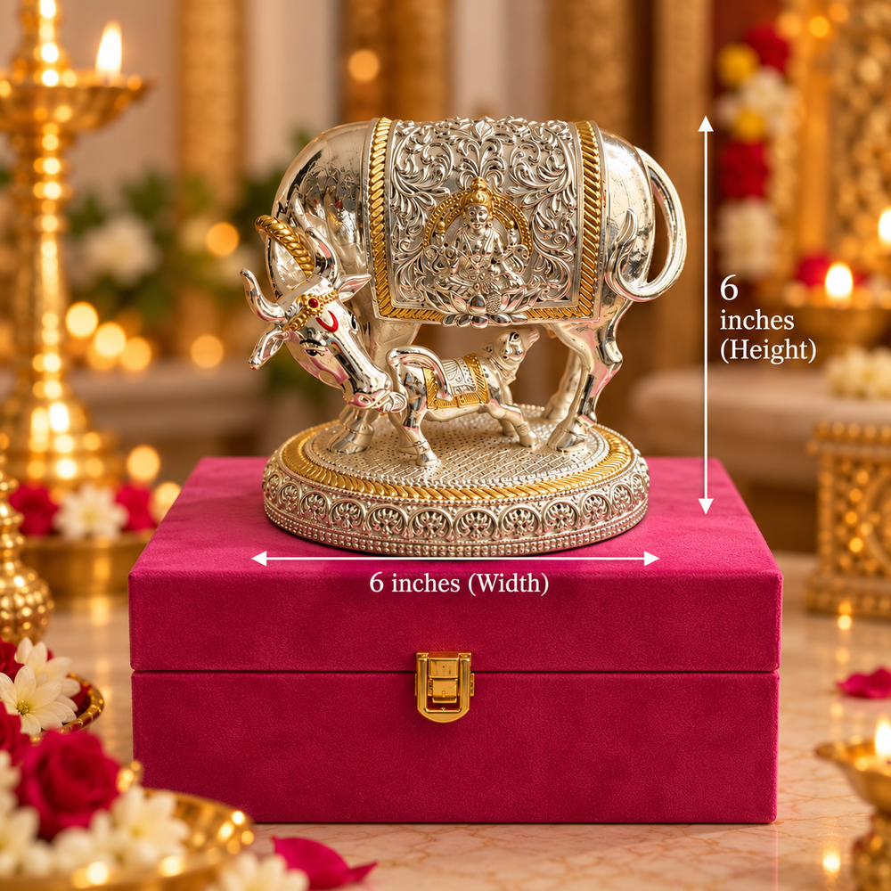 A decorative silver-toned bull and calf figurine with ornate gold detailing, displayed on a pink velvet box. White measurement arrows and text indicate the figurine is 6 inches tall and 6 inches wide, set against a warm, blurred festive background with candles and flowers.