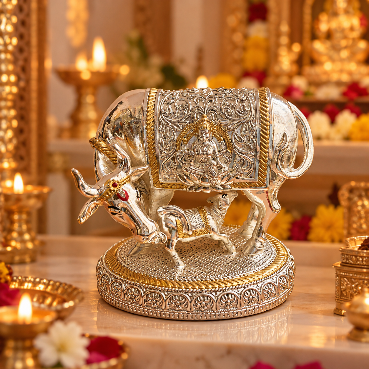 A decorative silver and gold bull statue with an ornate embossed design and a small calf figure, displayed on a round patterned base in a warm, lit ceremonial setting.