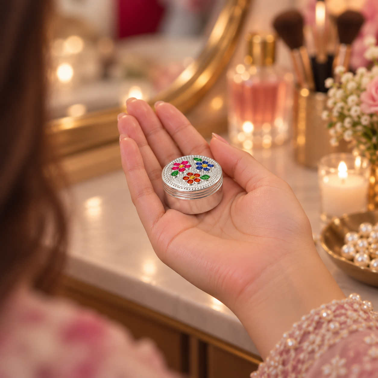 A hand holding a small round silver tin decorated with colorful floral patterns and a rhinestone-embellished lid, set against a softly blurred vanity background with makeup brushes, perfume bottles, and a mirror.