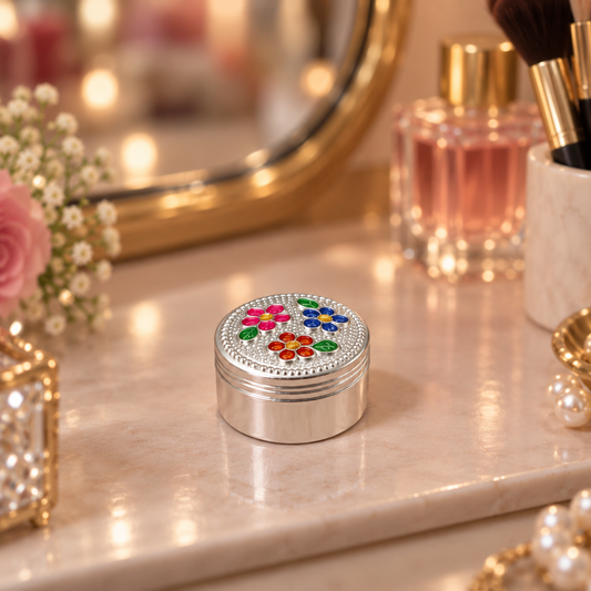 Silver Floral Enamel Round Box (SINGLE)