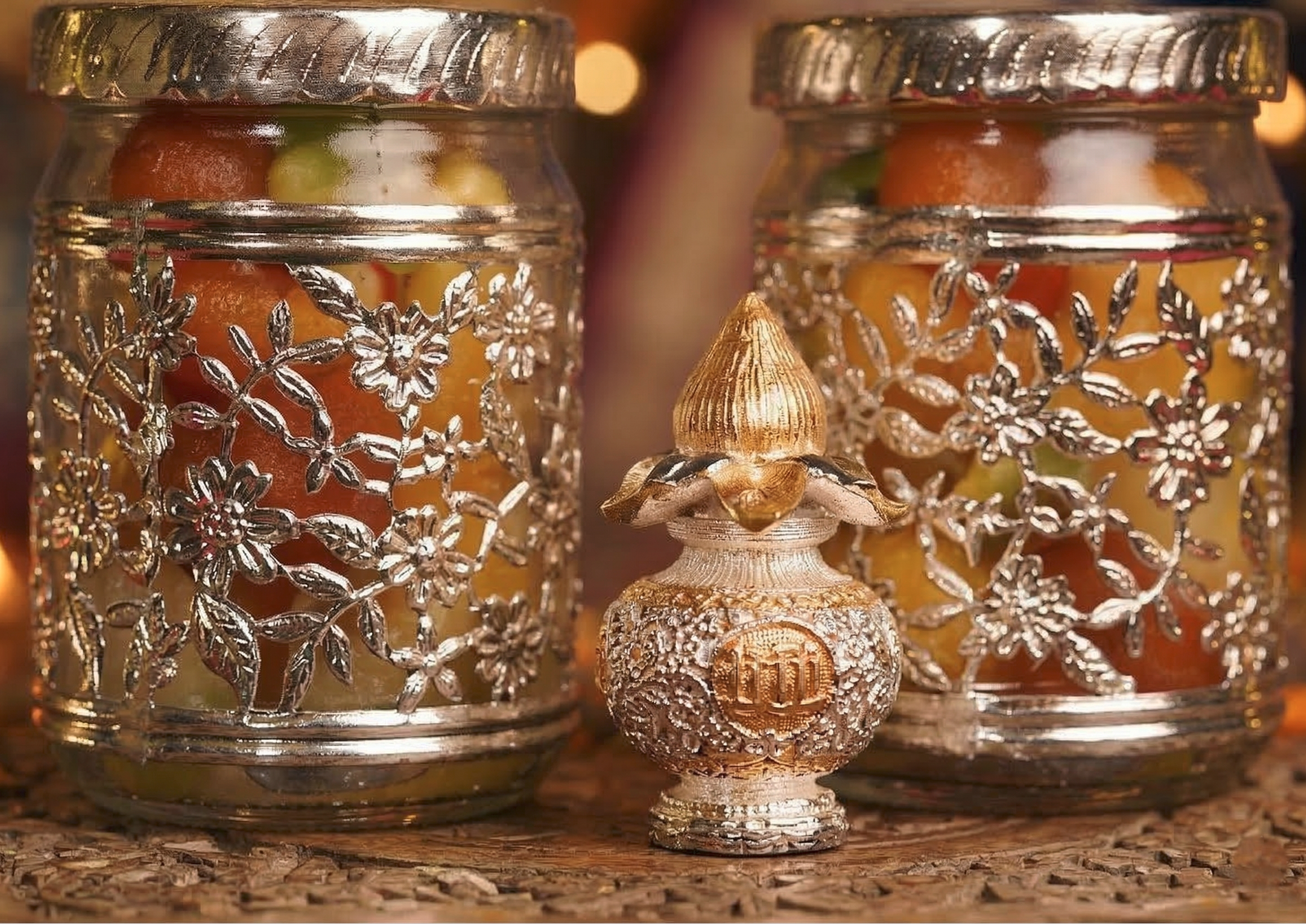 Decorative jars with floral patterns and a small decorative item on a wooden surface.
