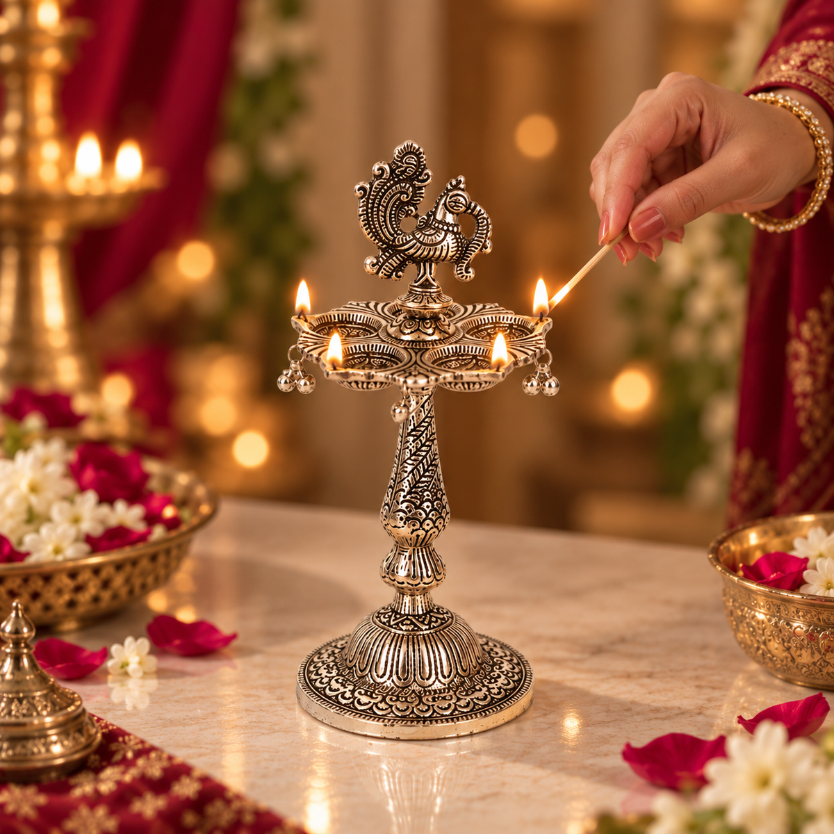An ornate silver-toned brass oil lamp holder with a peacock finial, lit and set on a marble table. A hand is lighting one of the flames with a match.