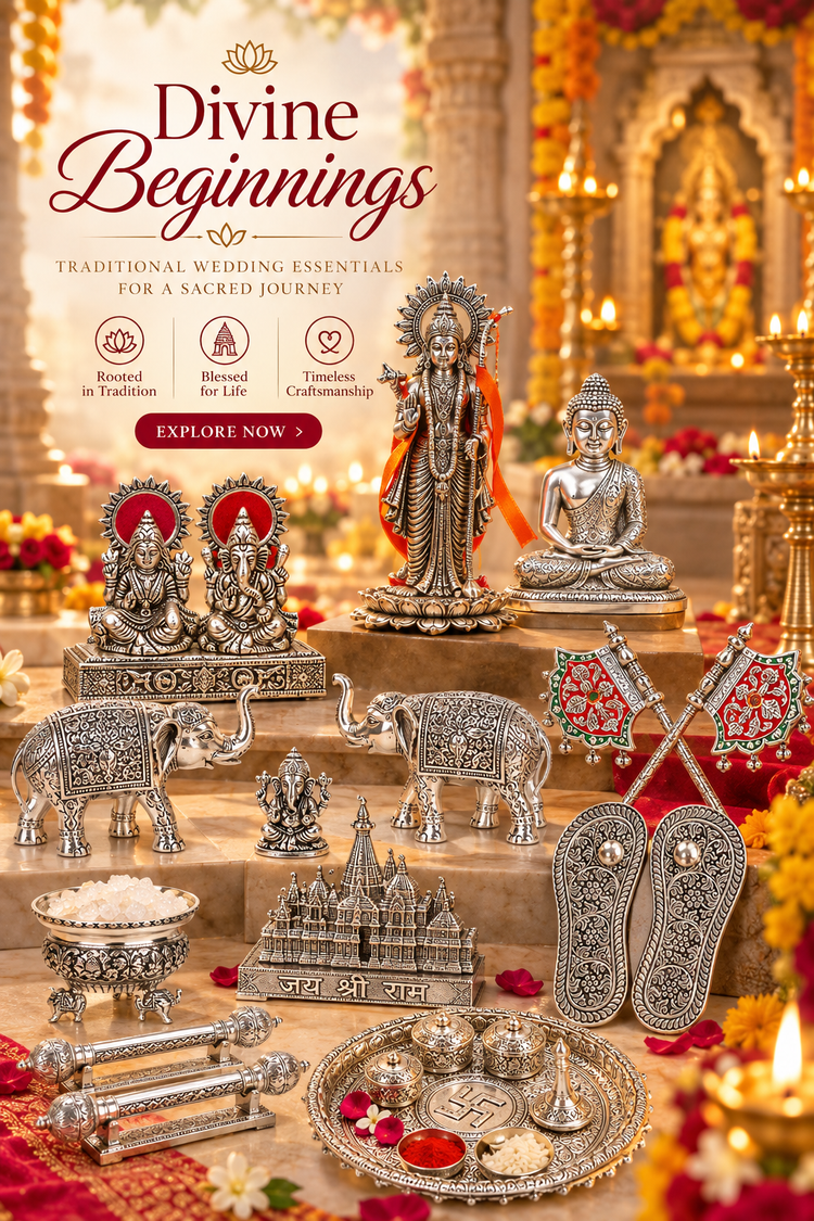 A promotional collage for a set of silver-toned Hindu wedding accessories and deity figurines, including elephant statues, a palu, kalash, temple model, shoes, and multiple Lord and Goddess statues, arranged in a decorated ceremonial setting with lit oil lamps and warm golden background. Text at the top reads 'Divine Beginnings' and 'Traditional Wedding Essentials for a Sacred Journey.