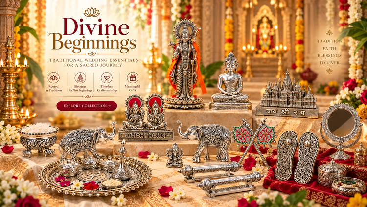 A richly decorated wedding altar display featuring silver-toned ornate jewelry, elephant figurines, a small temple structure, a mirror, and multiple religious statues, with the Divine Beginnings brand name and promotional text overlaid on the left side.